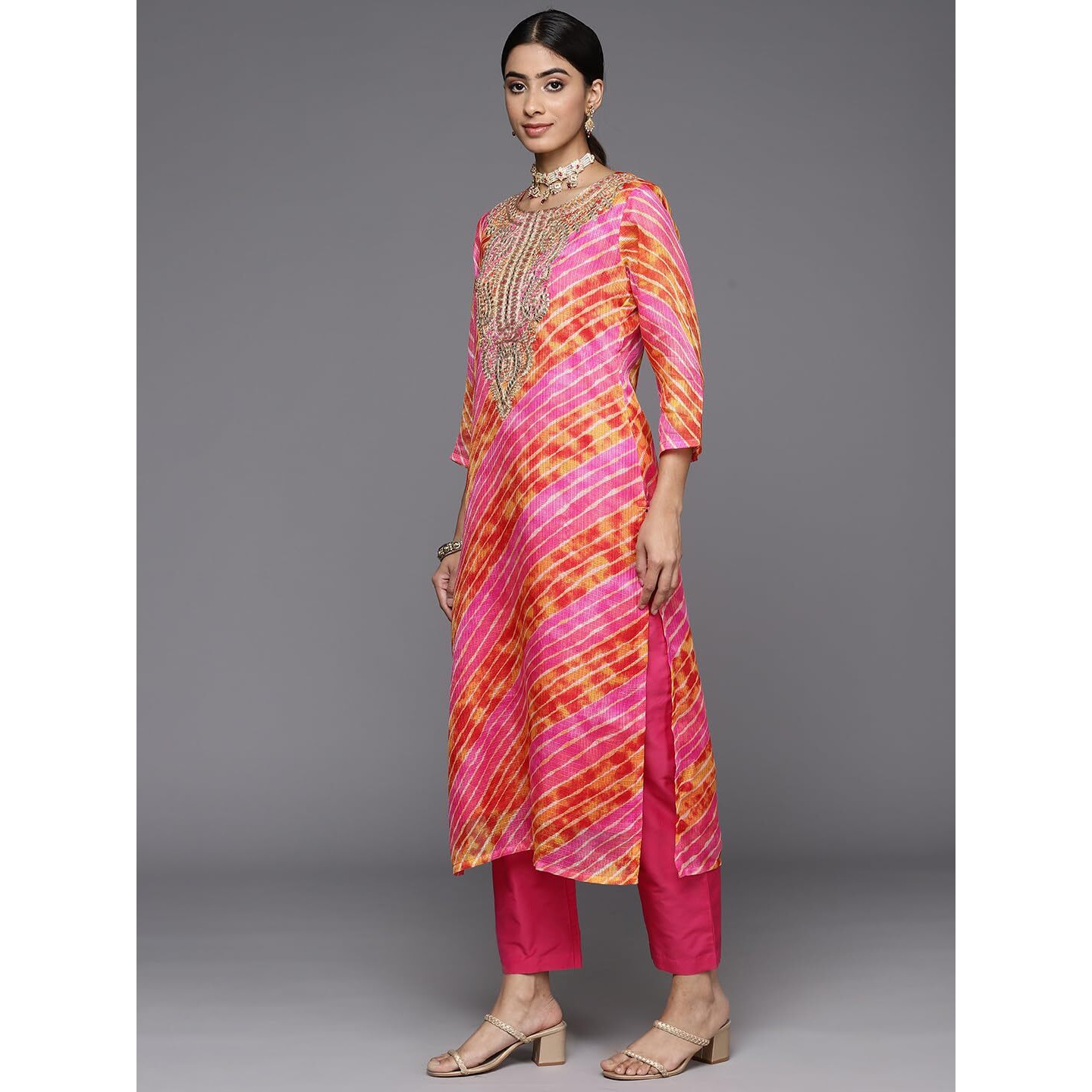 Varanga Women Pink And Yellow Lehariya, Gota Embroidered Yoke Straight Kurta Paired With Tonal Bottom And Tonal Dupatta