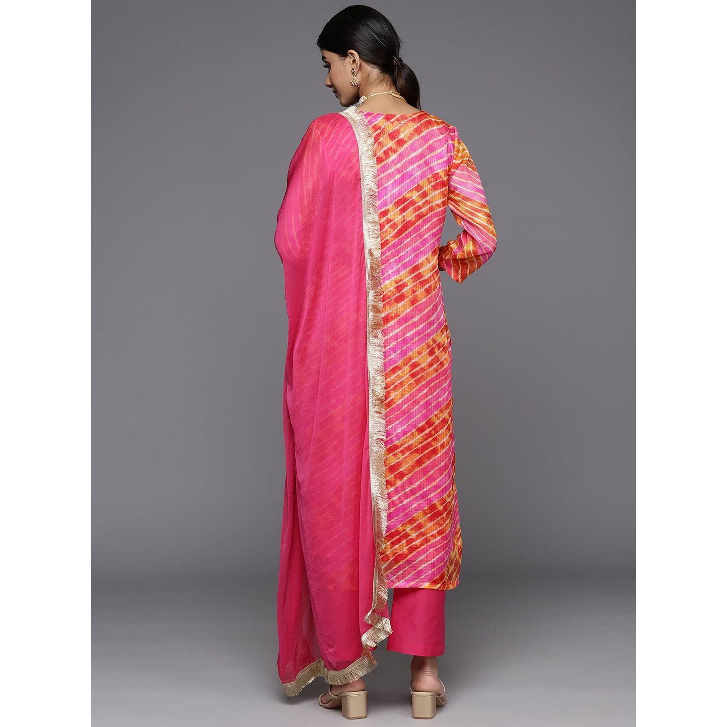 Varanga Women Pink And Yellow Lehariya, Gota Embroidered Yoke Straight Kurta Paired With Tonal Bottom And Tonal Dupatta