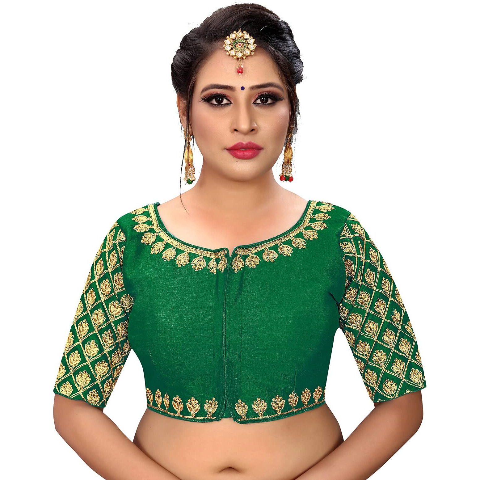 Vihu Fashion Women's Multicolor Phantom Silk Floral Half Sleeves Saree Blouse (Maggggam Blouse_Green_38 Size)