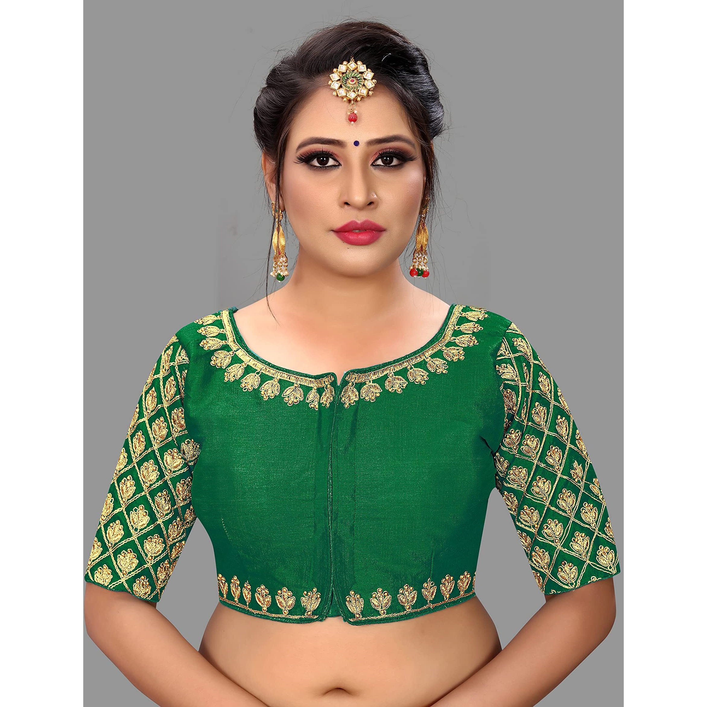 Vihu Fashion Women's Multicolor Phantom Silk Floral Half Sleeves Saree Blouse (Maggggam Blouse_Green_38 Size)