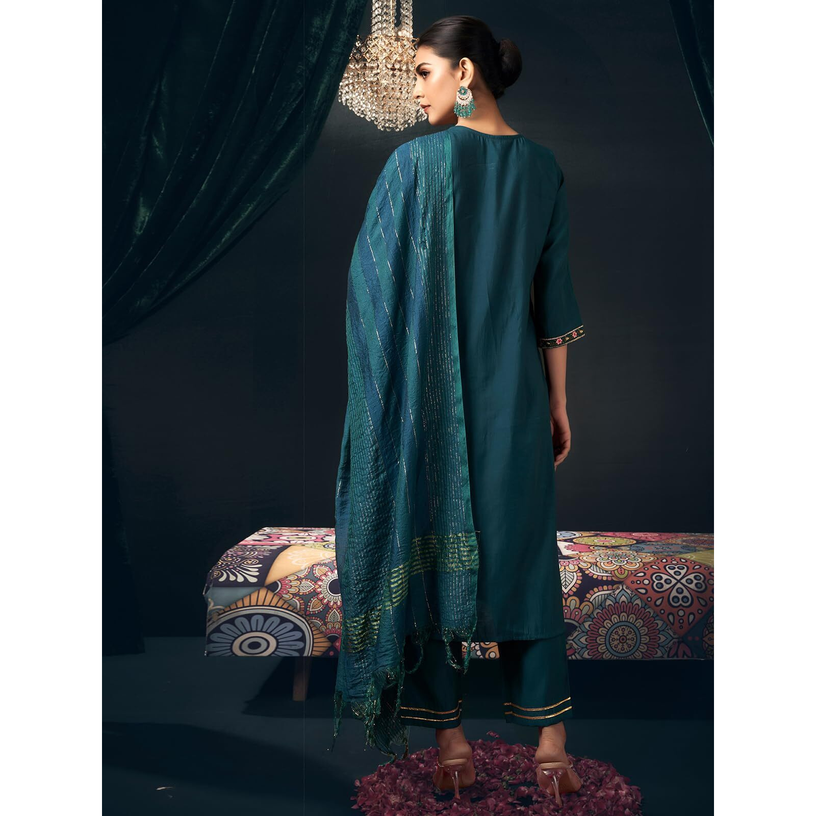 Sanisa Women's Silk Blend Embroidery Work Straight Kurta With Pant And Dupatta Set (210Kbd2221N-Xl_Rama Blue2)