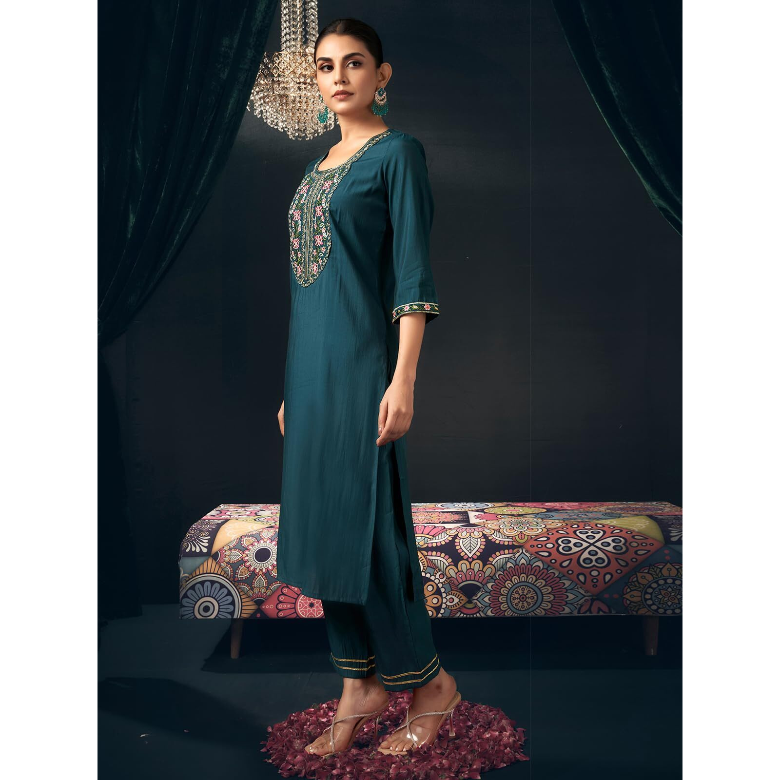 Sanisa Women's Silk Blend Embroidery Work Straight Kurta With Pant And Dupatta Set (210Kbd2221N-Xl_Rama Blue2)