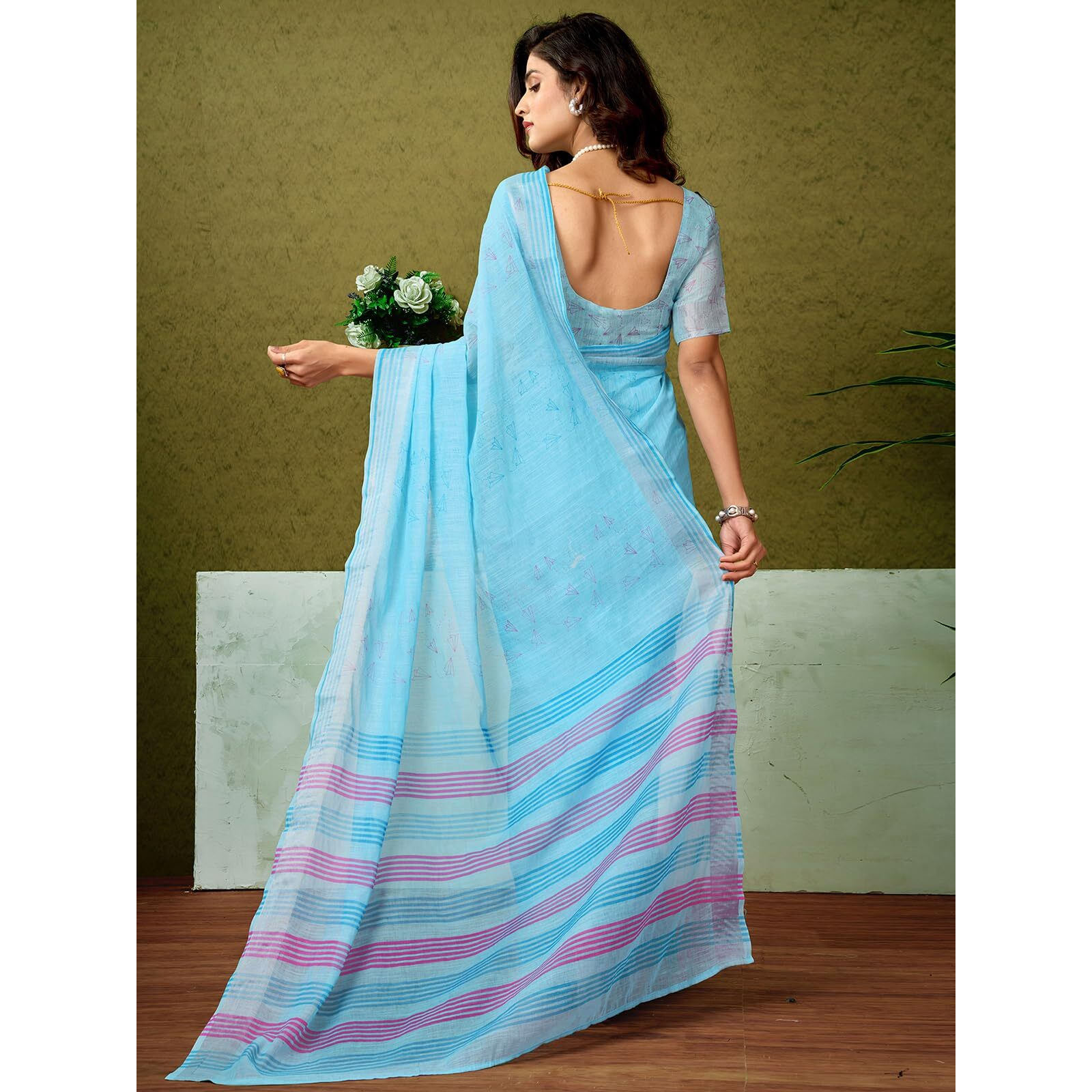 Satrani Women's Linen Zari Border Printed Ready To Wear One Minute Pre Pleated Readymade Saree With Unstitched Blouse Piece (34Rs328N_Blue)