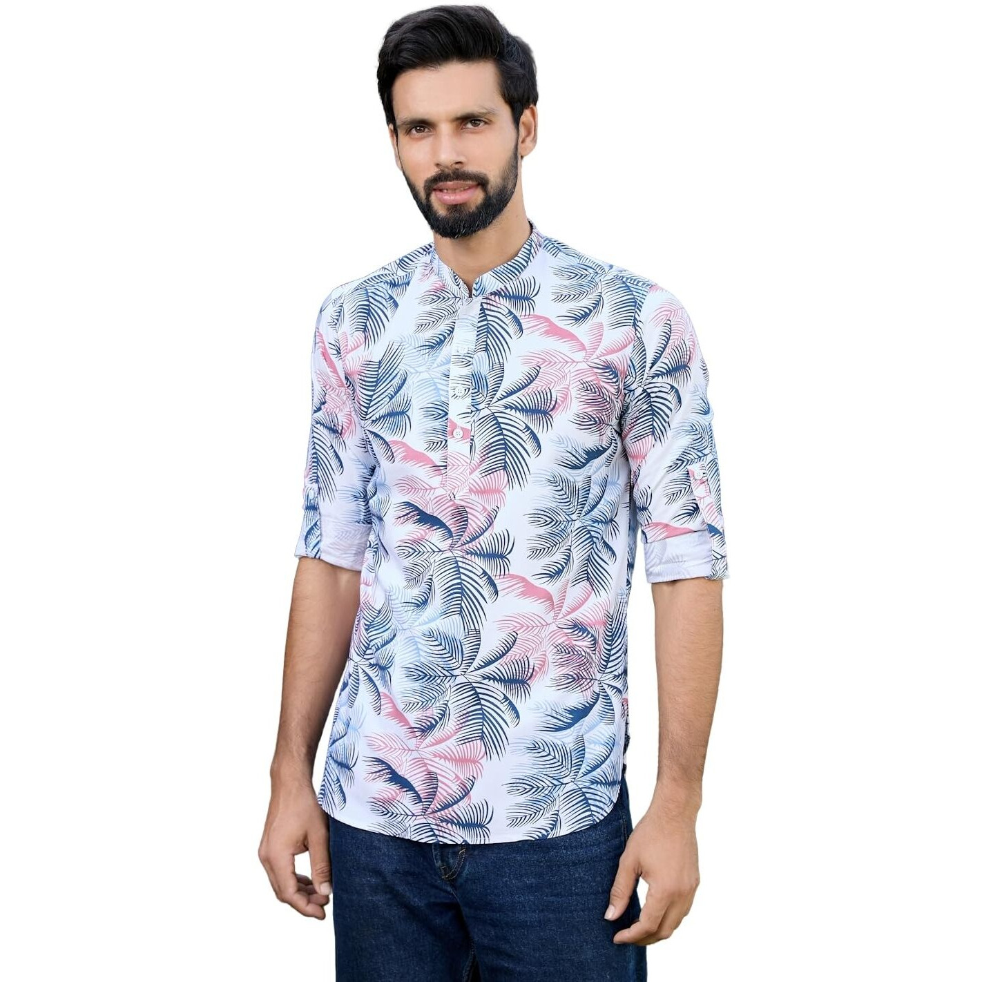 See Designs Men's Roll-Up Sleeve Mandarin Collar Navy Tropical Printed Rayon Short Kurta - Sdkt2937Xl