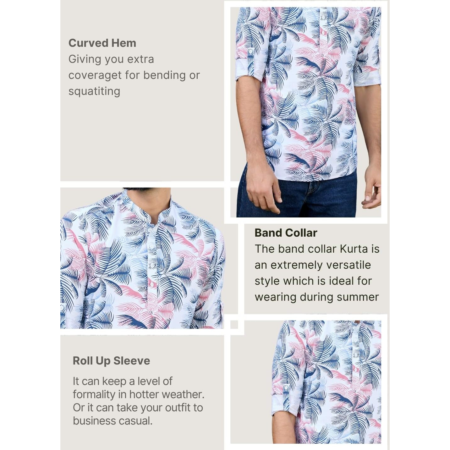 See Designs Men's Roll-Up Sleeve Mandarin Collar Navy Tropical Printed Rayon Short Kurta - Sdkt2937Xl