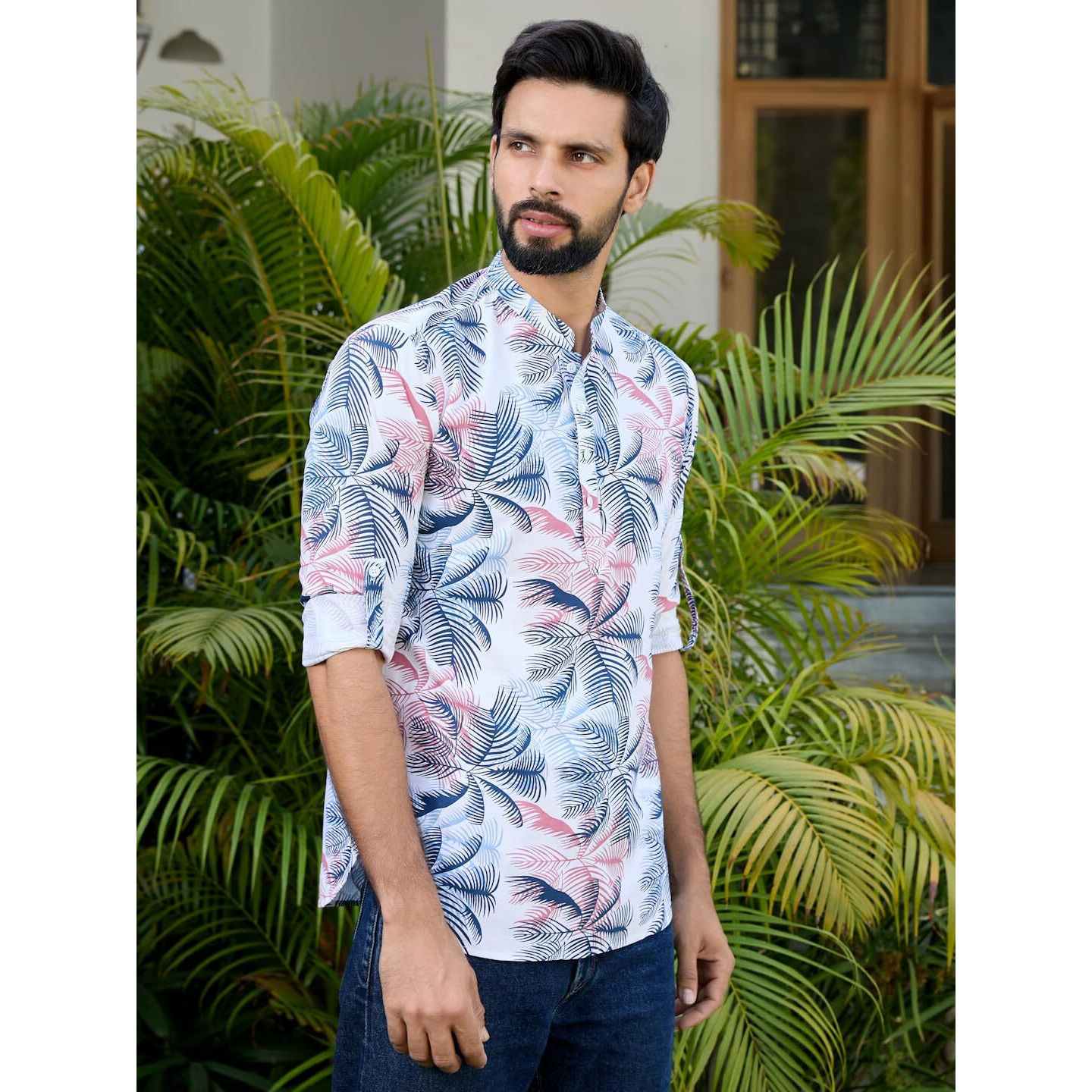See Designs Men's Roll-Up Sleeve Mandarin Collar Navy Tropical Printed Rayon Short Kurta - Sdkt2937Xl