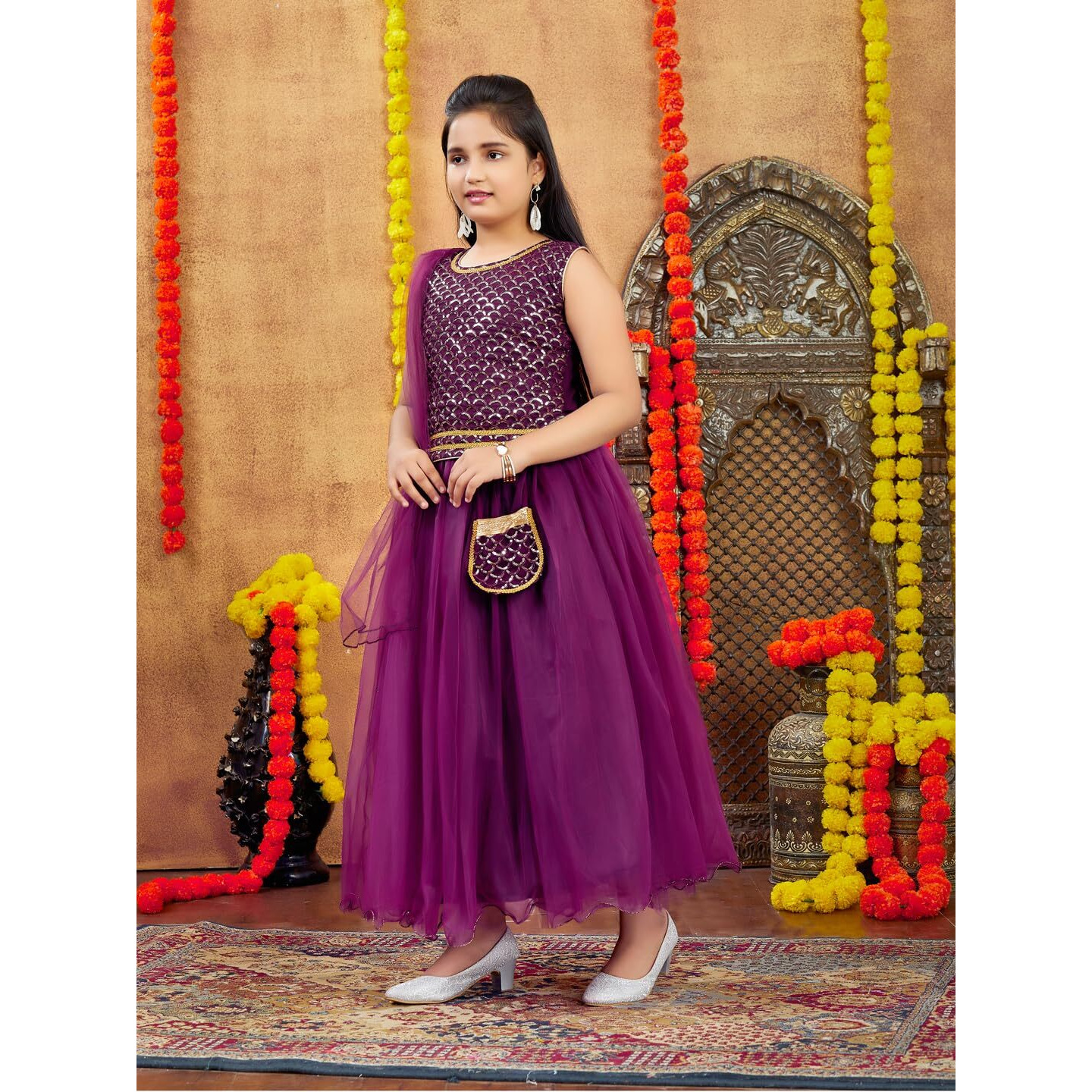 Aarika Girls Ethnic Wear Purple Colour Sequin Embroidery Georgette Lehenga Choli Set Attached Bag (4-10 Years)