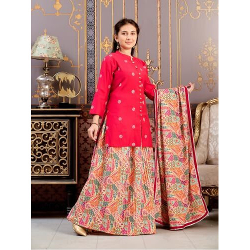Aarika Girls Ethnic Wear Rani-Multi Colour Sequin Embroidery Silk Kurti Skirt Set -(8-15 Years)-(Sk-Tr-K-1013)