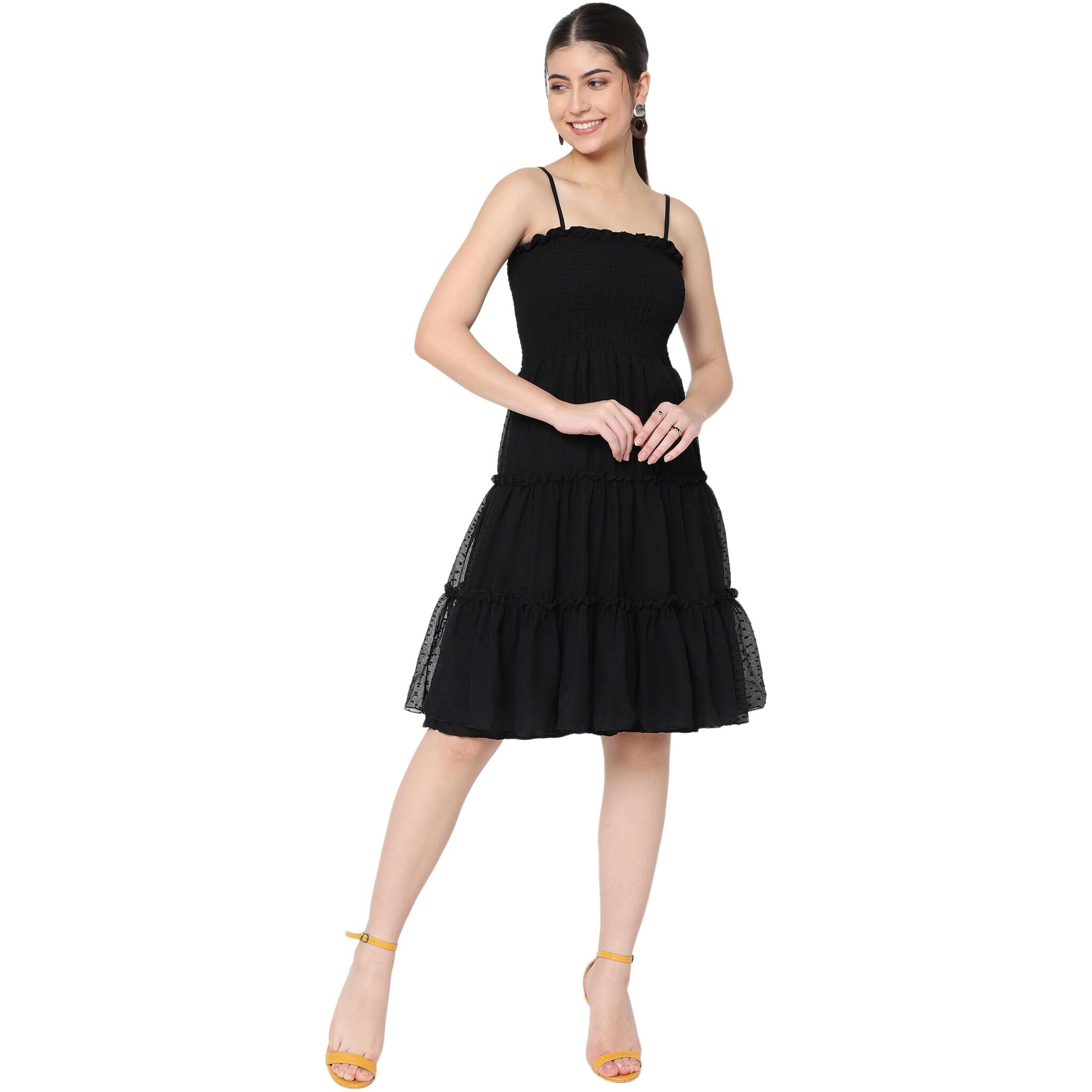 Avanova Jacquard Georgette Butti Black Off Shoulder Knee Length Western Dresses For Women (Dress 74 Black M)