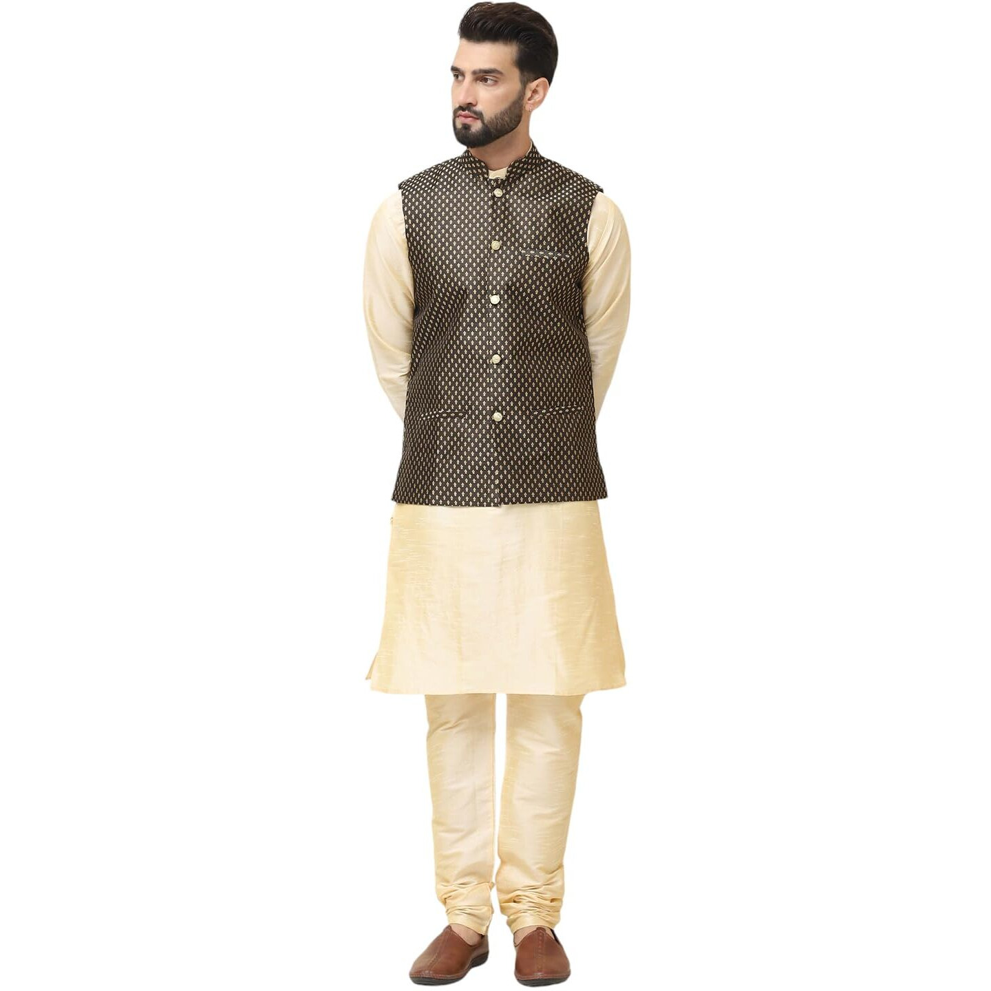 Sojanya (Since 1958 Men's Silk Blend Gold Kurta Pyjama With Self Design Black Nehru Jacket