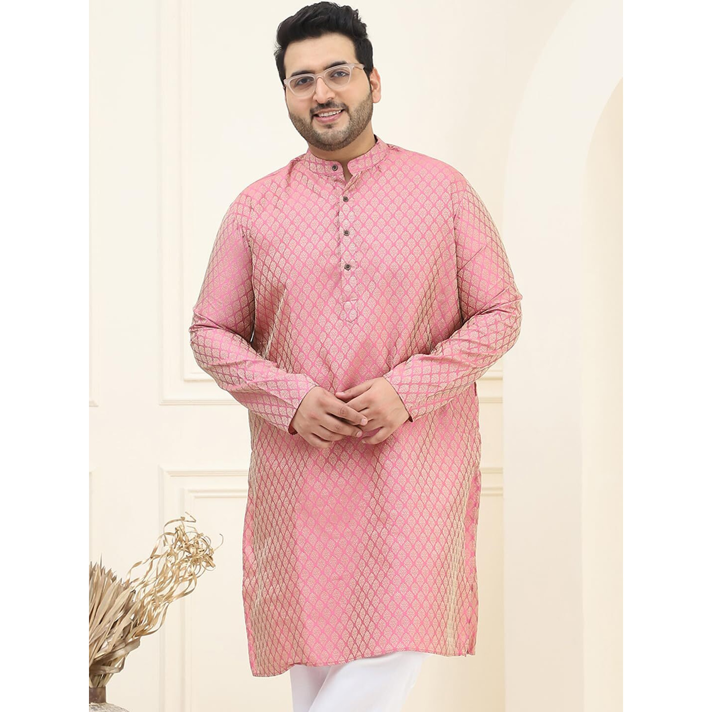 Sojanya Plus (Since 1958) Men's Silk Blend Pink Self Design Only Long Kurta