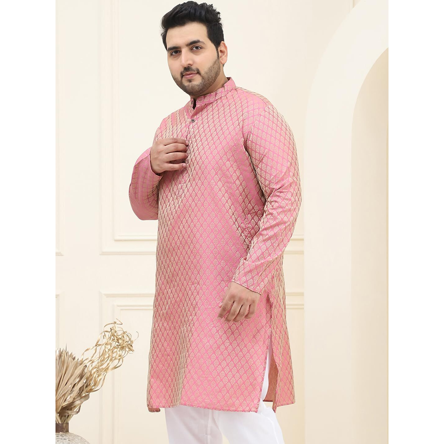 Sojanya Plus (Since 1958) Men's Silk Blend Pink Self Design Only Long Kurta