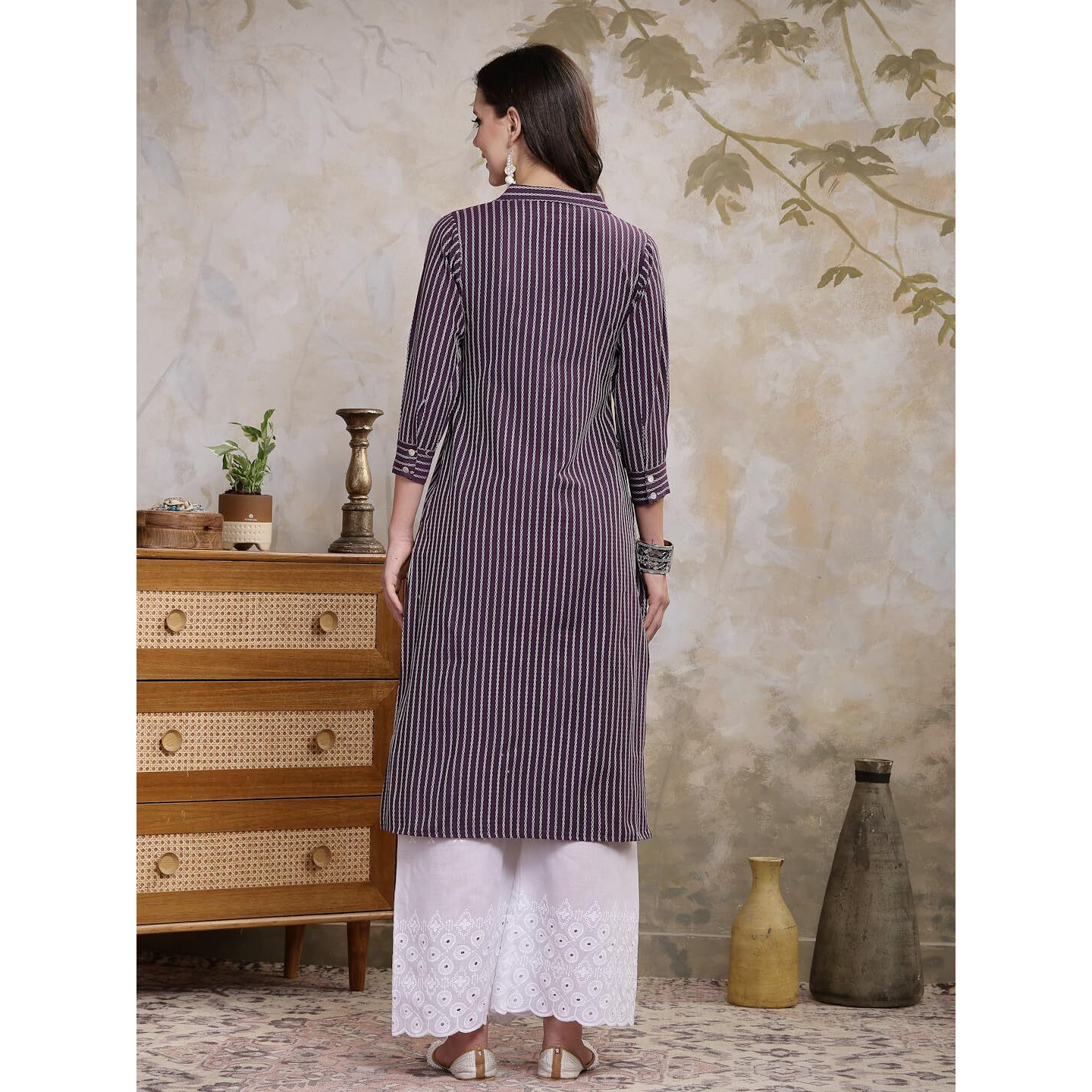 Stylum Women's Self Designed Cotton Blend Straight Kurta Purple (X-Small)