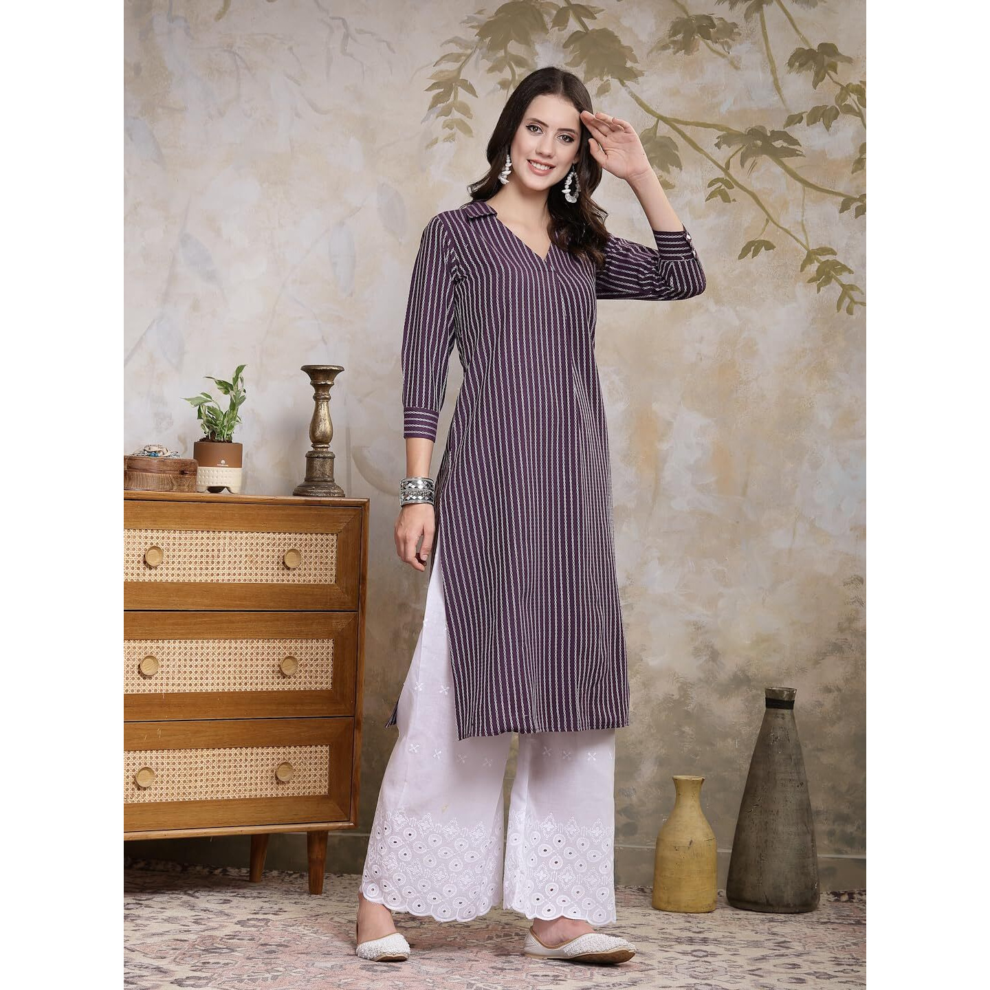 Stylum Women's Self Designed Cotton Blend Straight Kurta Purple (X-Small)