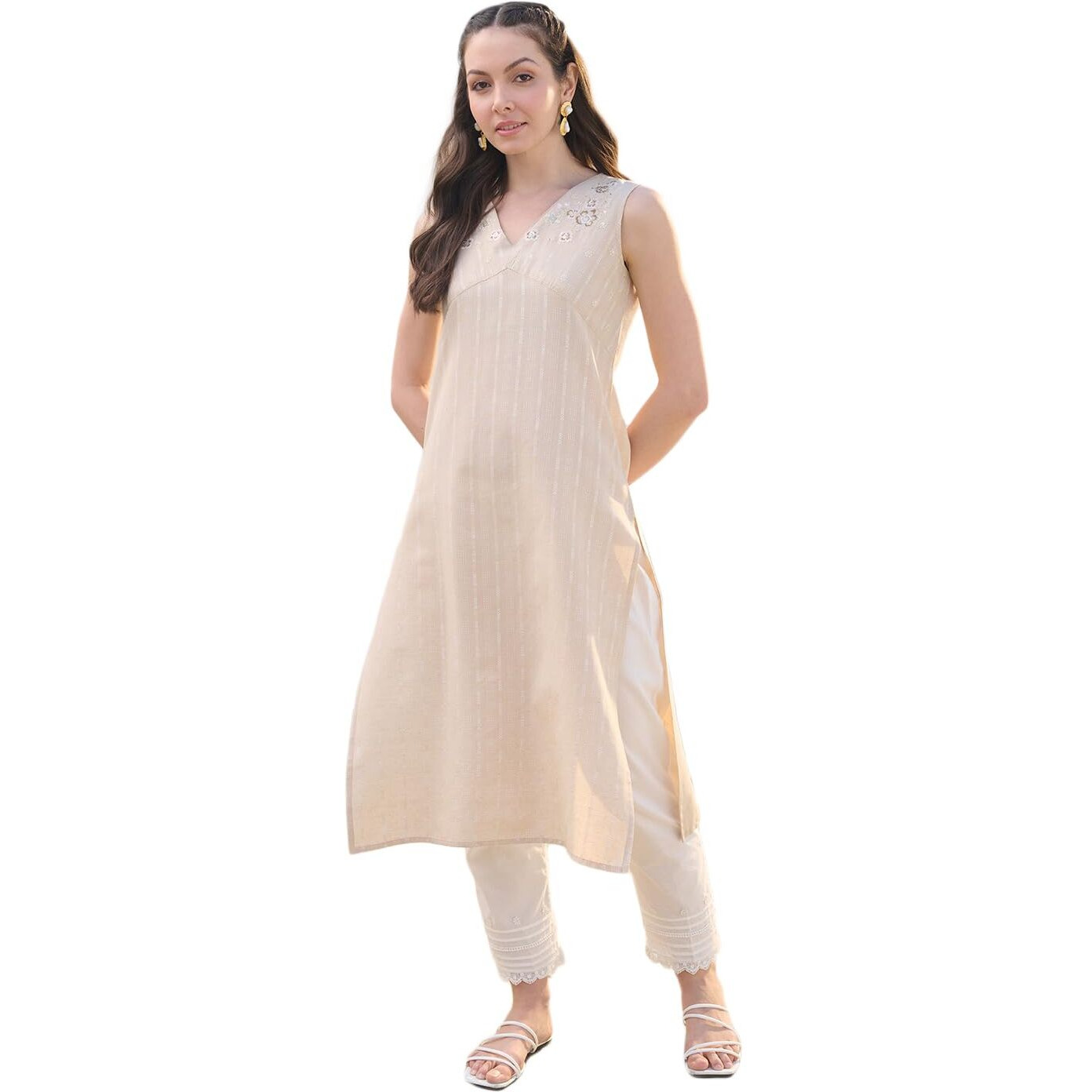 Stylum Women's Solid & Embroidered Cotton Blend Straight Kurta (Beigenimo42_Beige, Xl)