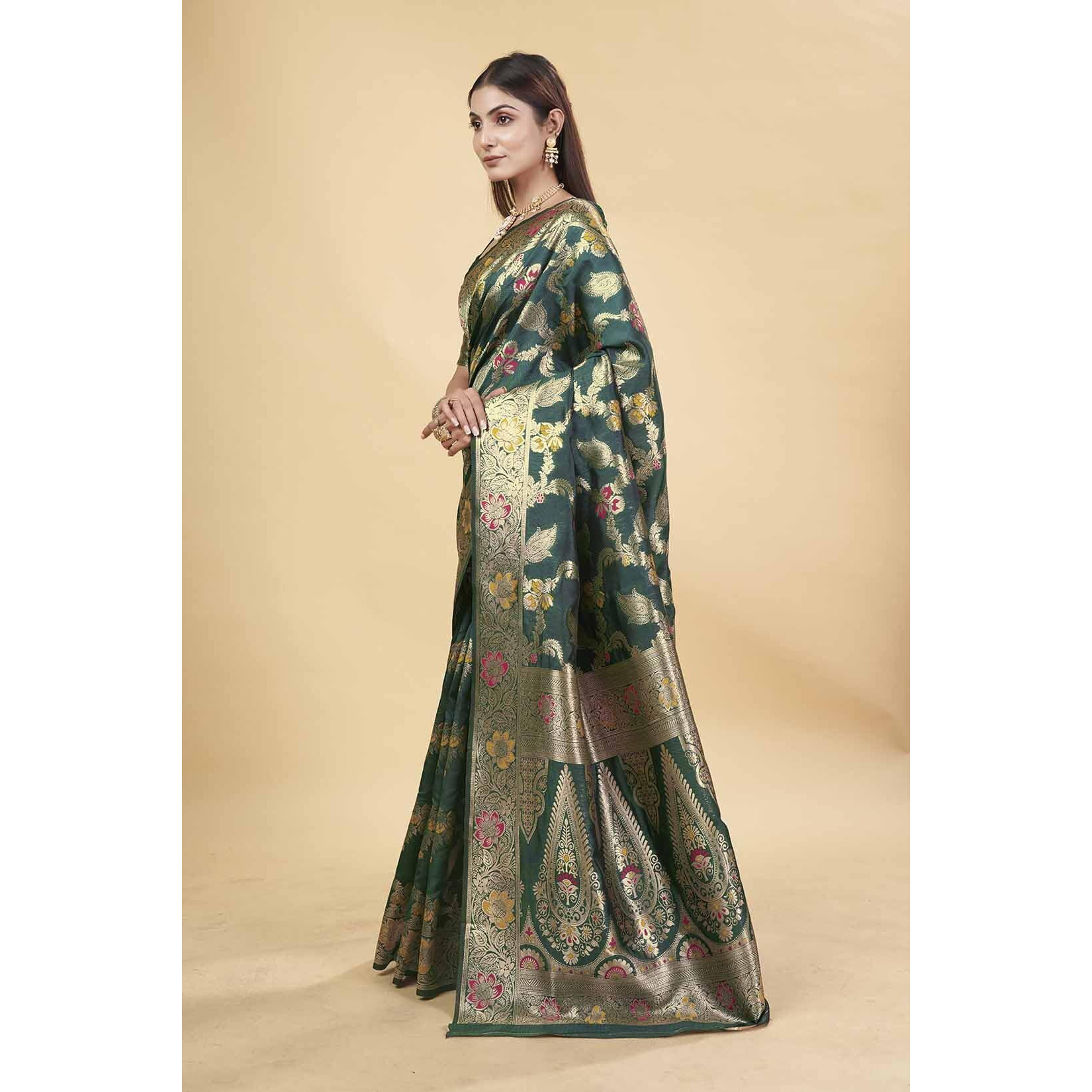 Sugathari Women's Green Kanjivaram Banarasi Silk Saree For Patola Festival Wedding Silk With Rich Pallu Design Sarees For Women With Blouse Piece (San Jm 5 Green)