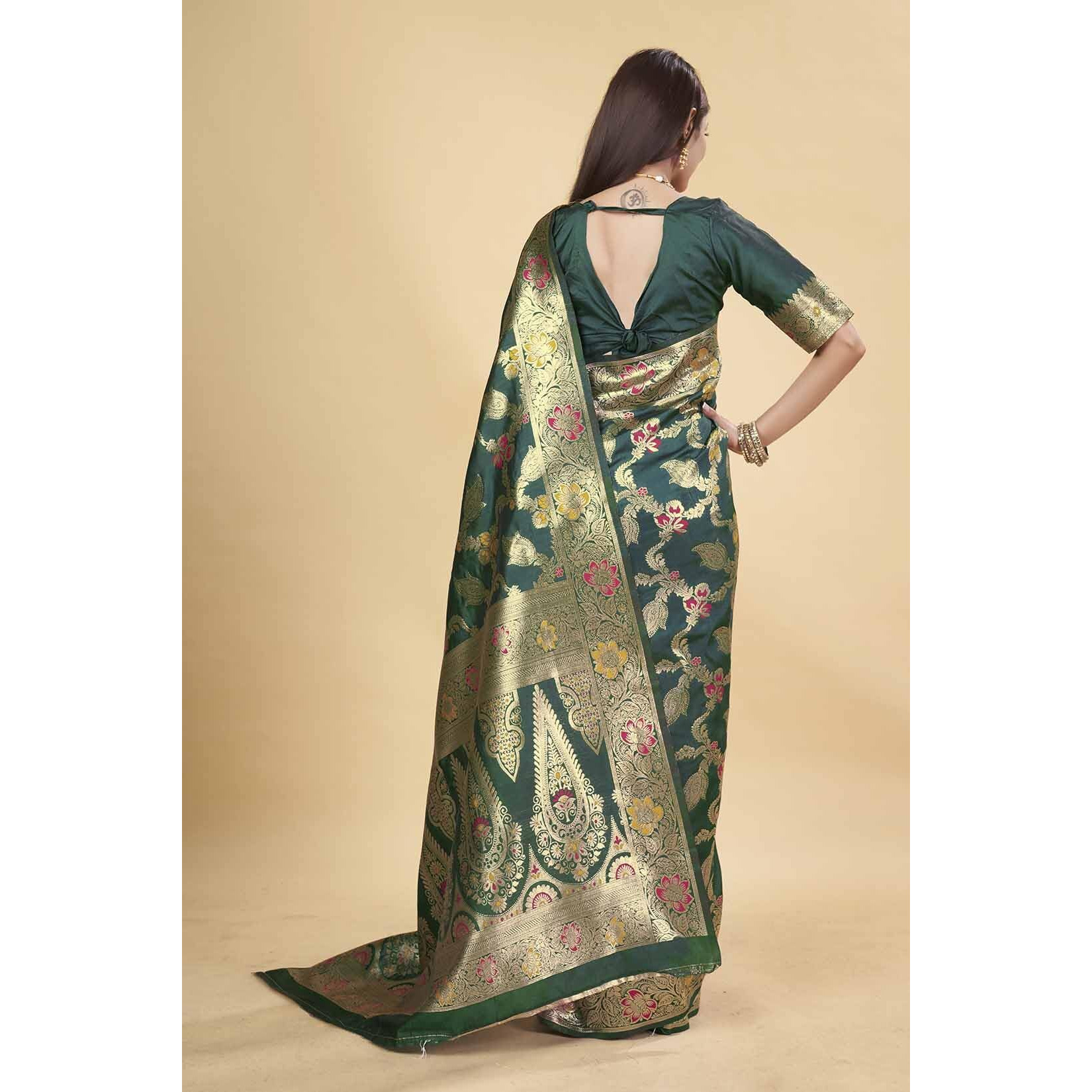Sugathari Women's Green Kanjivaram Banarasi Silk Saree For Patola Festival Wedding Silk With Rich Pallu Design Sarees For Women With Blouse Piece (San Jm 5 Green)