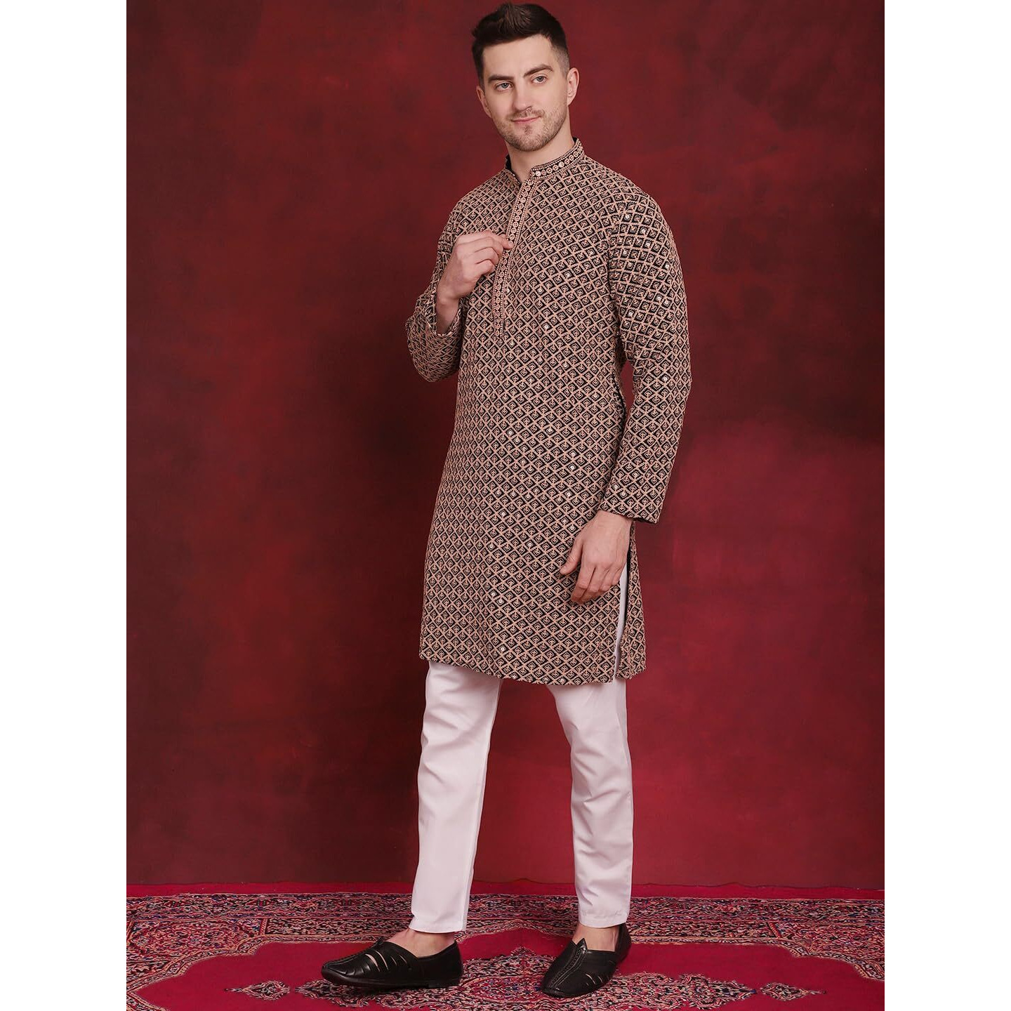 Jompers Men's Brown Sequin Embroidered Pure Cotton Kurtas (Brown, Xxl)