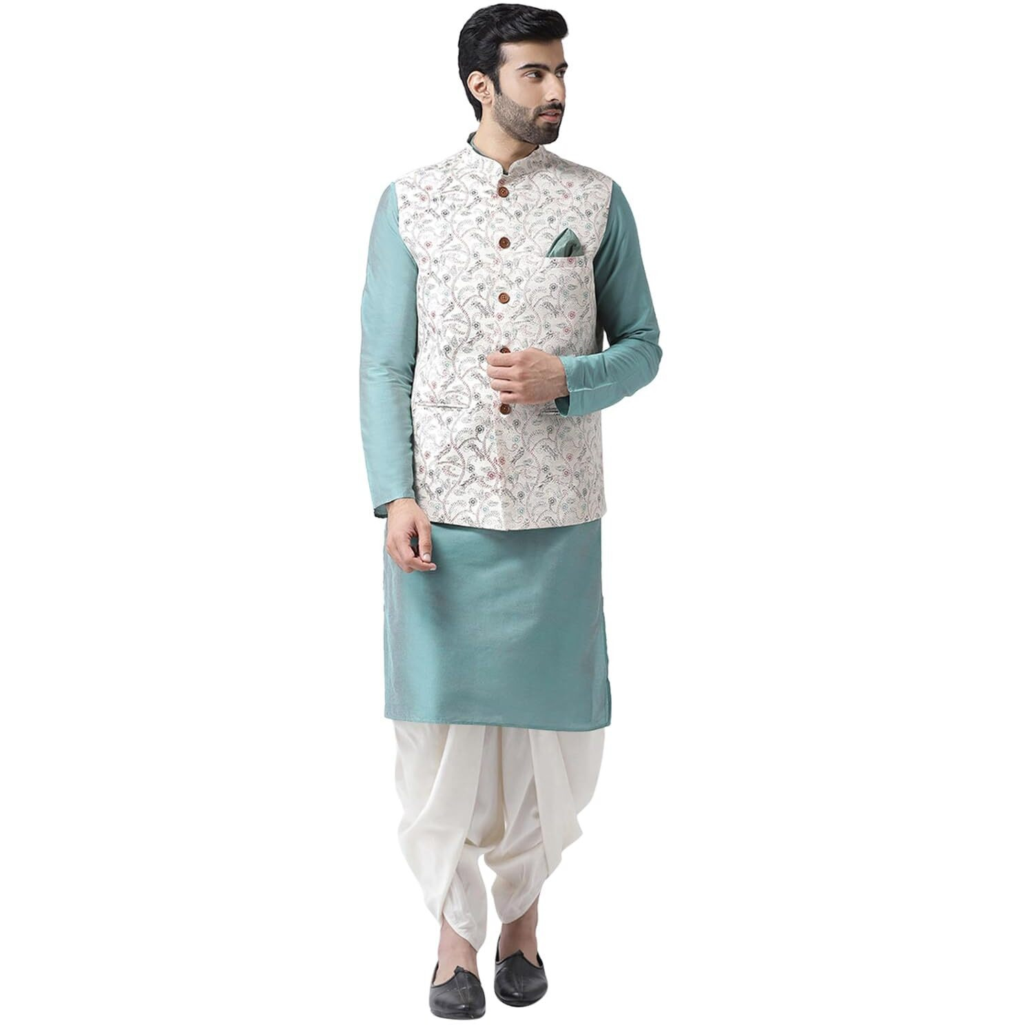 Men Multi Coloured Printed Cotton Blend Kurta Jacket Dhoti Set With Kantha Print