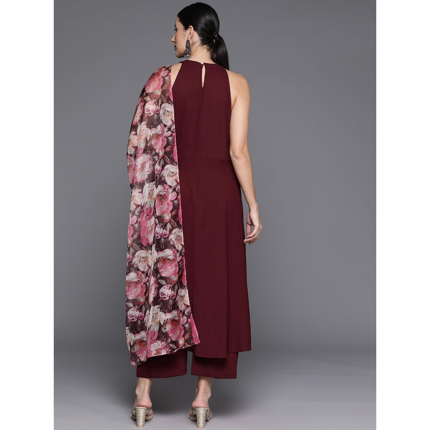 Varanga Women Maroon Halter Neck Anarkali Kurta Paired With Tonal Botom And Tonal Floral Printed Dupatta
