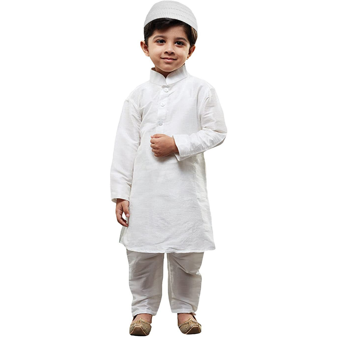 Jbn Creation Boys' White Silk Blend Kurta Pyjama And Cap Set