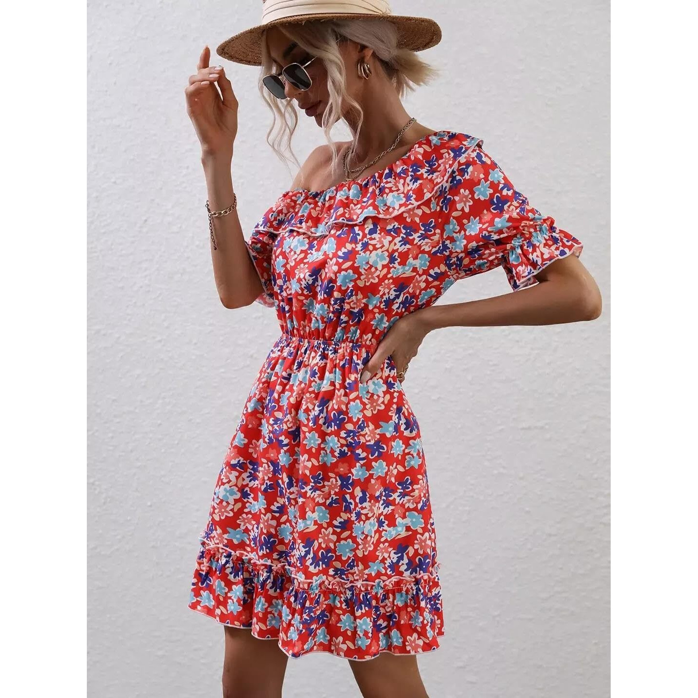 Kotty Women's Fit And Flare Off Shoulder Dress(Multicoloured,L)