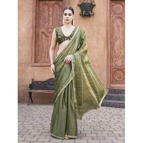 Womanista Women's Two Toned Green And Gold Colored Wrinkled Saree With Embroidered Blouse And Embellished Lace(Ti6896_Green_Onesize)