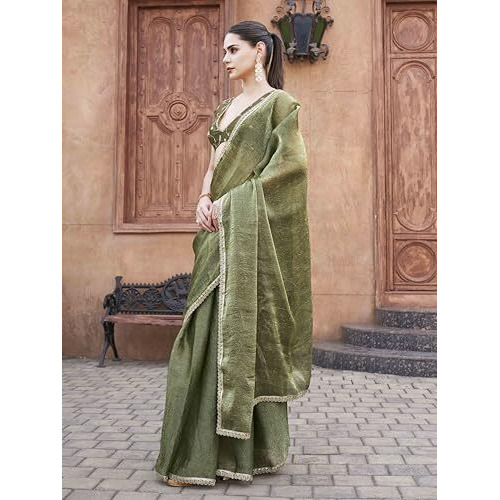 Womanista Women's Two Toned Green And Gold Colored Wrinkled Saree With Embroidered Blouse And Embellished Lace(Ti6896_Green_Onesize)