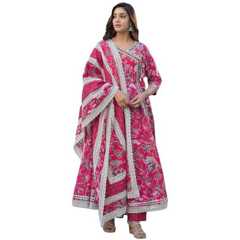 Varanga Women Ethnic Jaipuri Floral Printed Angrakha Anarkali Kurta With Trouser & Dupatta