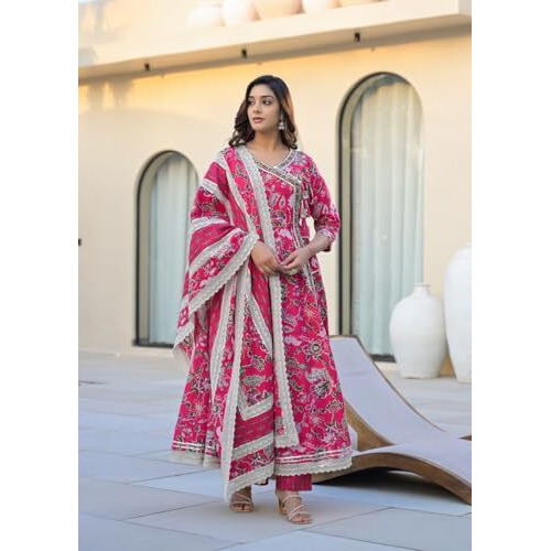 Varanga Women Ethnic Jaipuri Floral Printed Angrakha Anarkali Kurta With Trouser & Dupatta