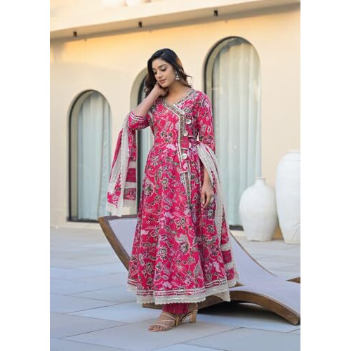 Varanga Women Ethnic Jaipuri Floral Printed Angrakha Anarkali Kurta With Trouser & Dupatta