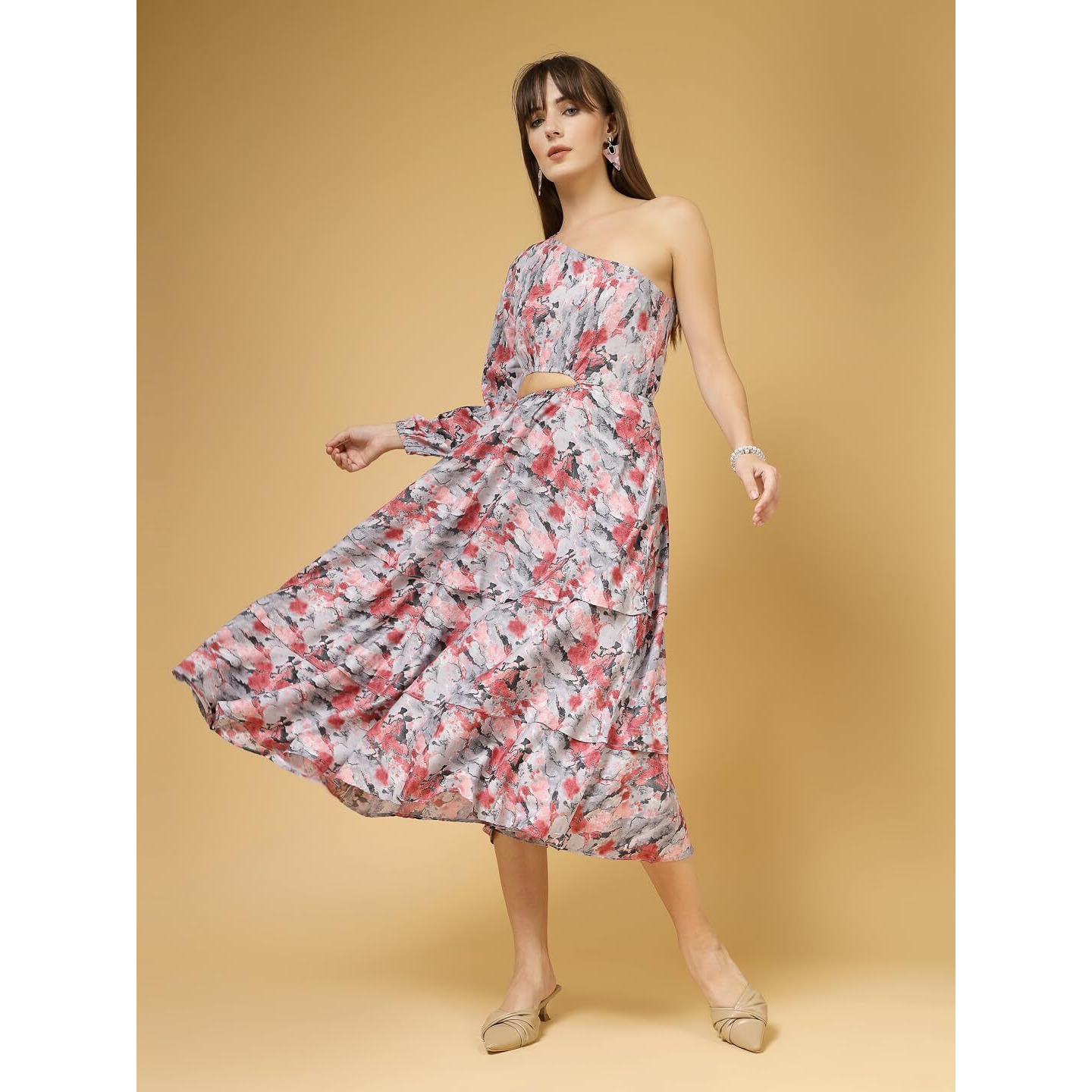 Oomph Women's Crepe A-Line Midi Dress (Waist Cutout One Shoulder_Rouge Pink