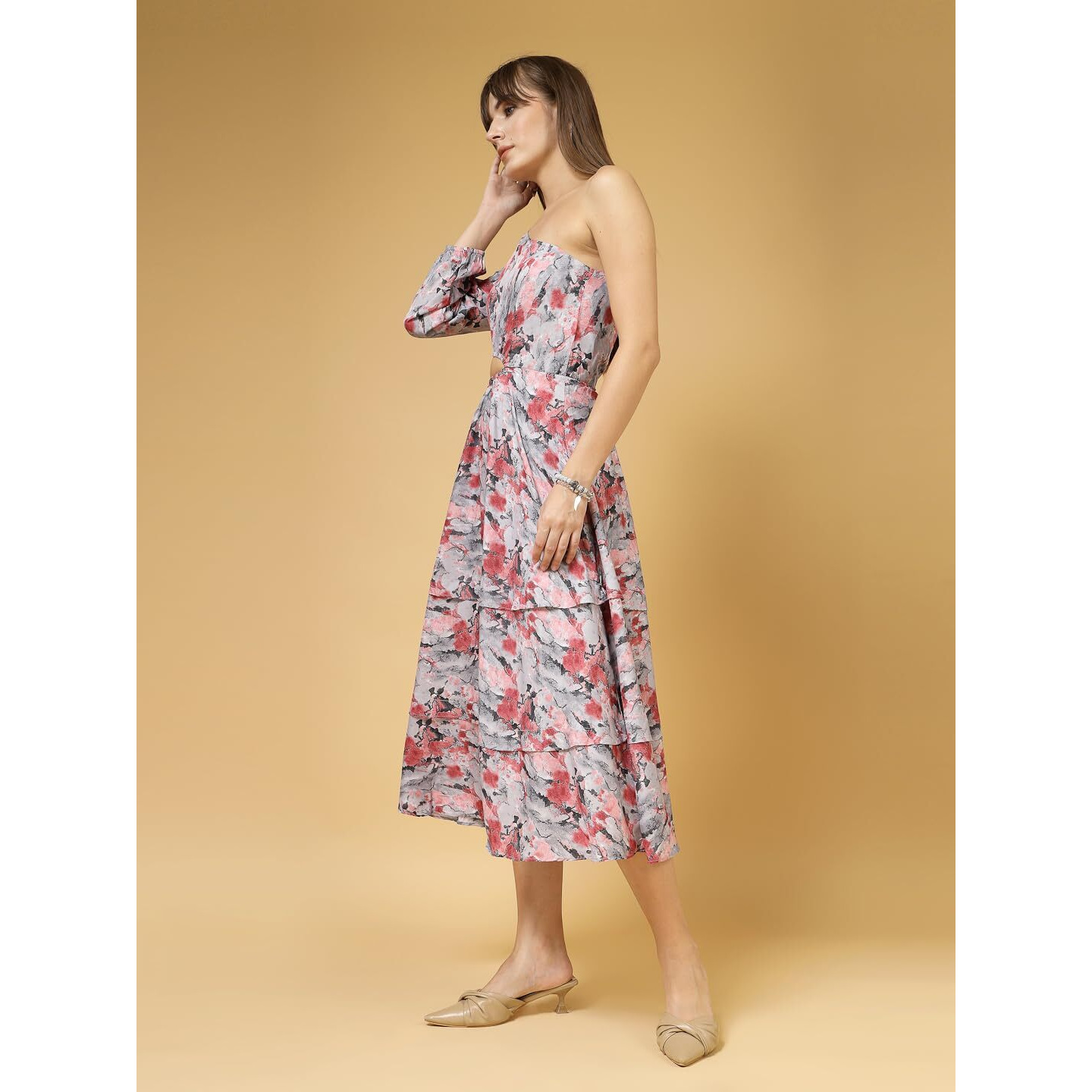 Oomph Women's Crepe A-Line Midi Dress (Waist Cutout One Shoulder_Rouge Pink