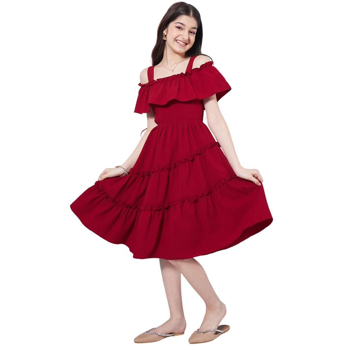 Pspeaches Girl's Shoulder Straps Cold-Shoulder Fit Flare Dress Purple Color Effortlessly Fashionable & Trendy (10-11Years)