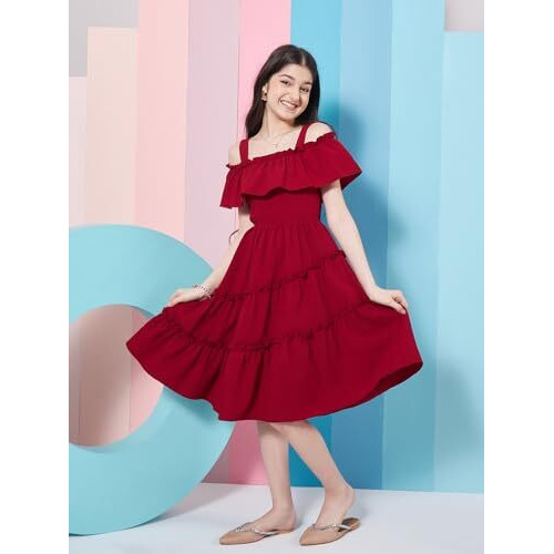 Pspeaches Girl's Shoulder Straps Cold-Shoulder Fit Flare Dress Purple Color Effortlessly Fashionable & Trendy (10-11Years)