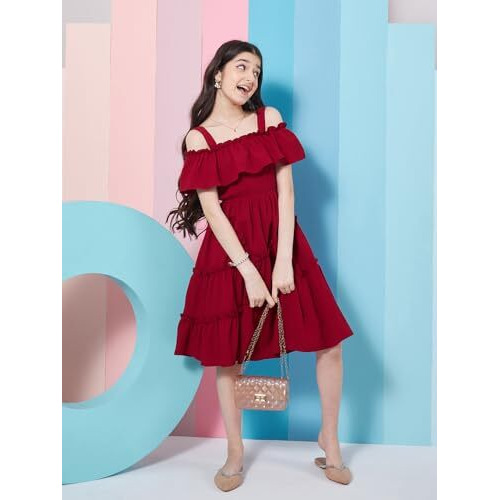 Pspeaches Girl's Shoulder Straps Cold-Shoulder Fit Flare Dress Purple Color Effortlessly Fashionable & Trendy (10-11Years)