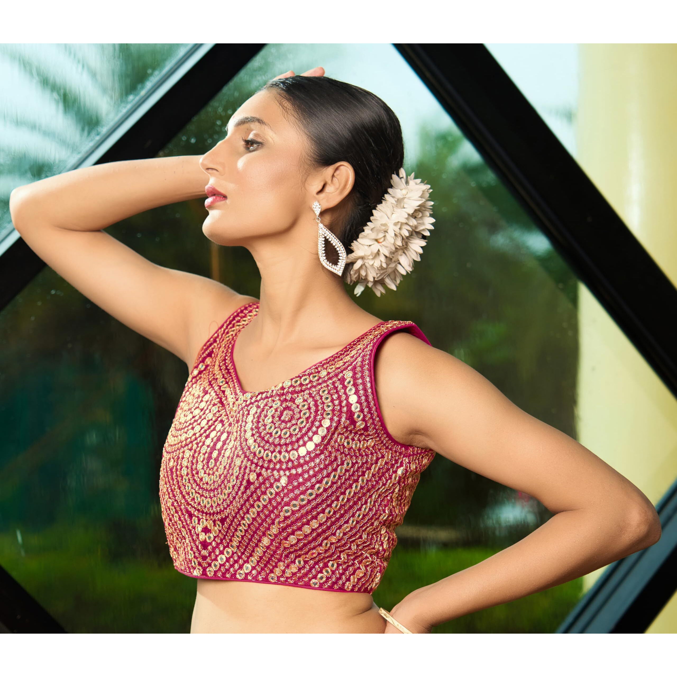 Pujia Mills Fancy Women's Foil Mirror And Thread Zari Work Sweetheart Neck Silk Sleeveless Blouse (Pc Bindi Foil Parent) (Pink, 38)