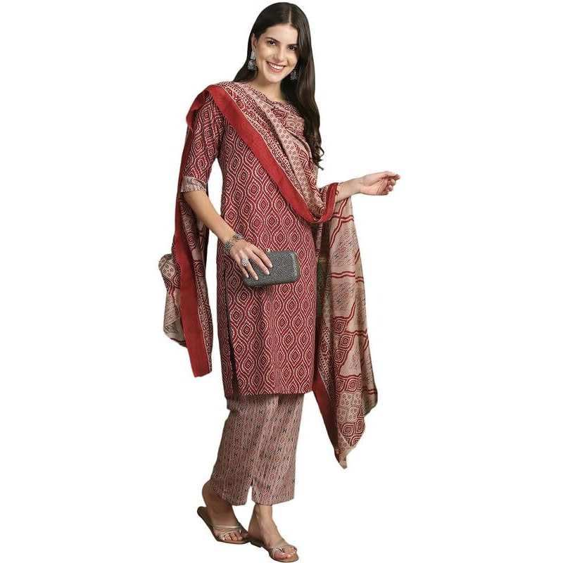 Pinkmint Kurta Set For Women Ll Cotton Flower Printed Straight Kurta & Pant With Fancy Duppata Ll Wedding Ll Formal Ll Party (Pack Of 1)