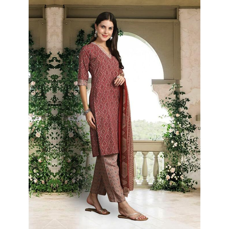 Pinkmint Kurta Set For Women Ll Cotton Flower Printed Straight Kurta & Pant With Fancy Duppata Ll Wedding Ll Formal Ll Party (Pack Of 1)