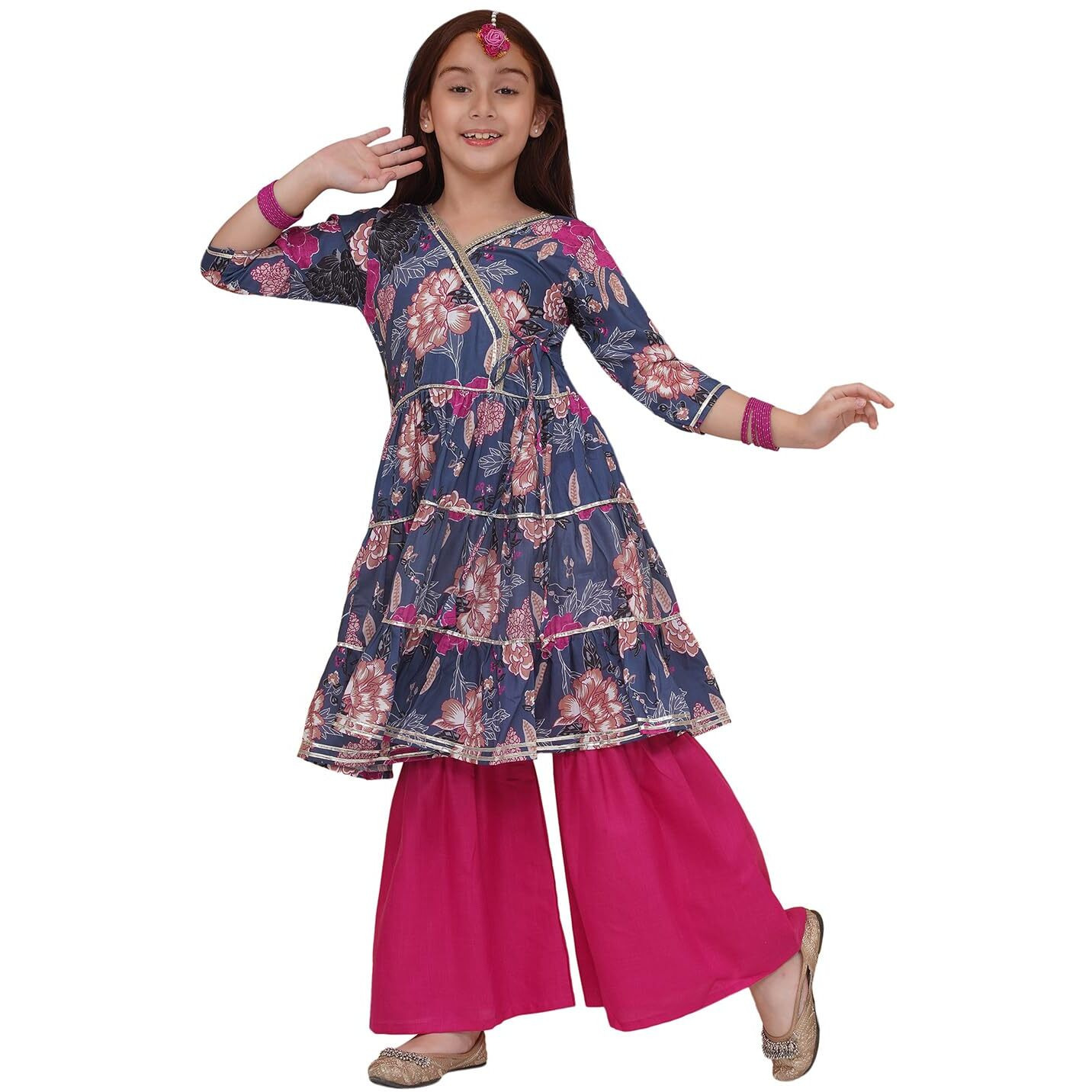 Preneum Girls's Cotton Rayon Floral Printed Angrakha Kurta With Sharara & Dupatta, Navy Blue, 7-8 Years
