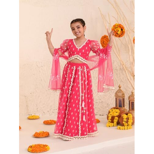 Pspeaches Girl's Cotton Blend Lehenga Choli (L-Magentawtbooti_Magenta_10-12Y)