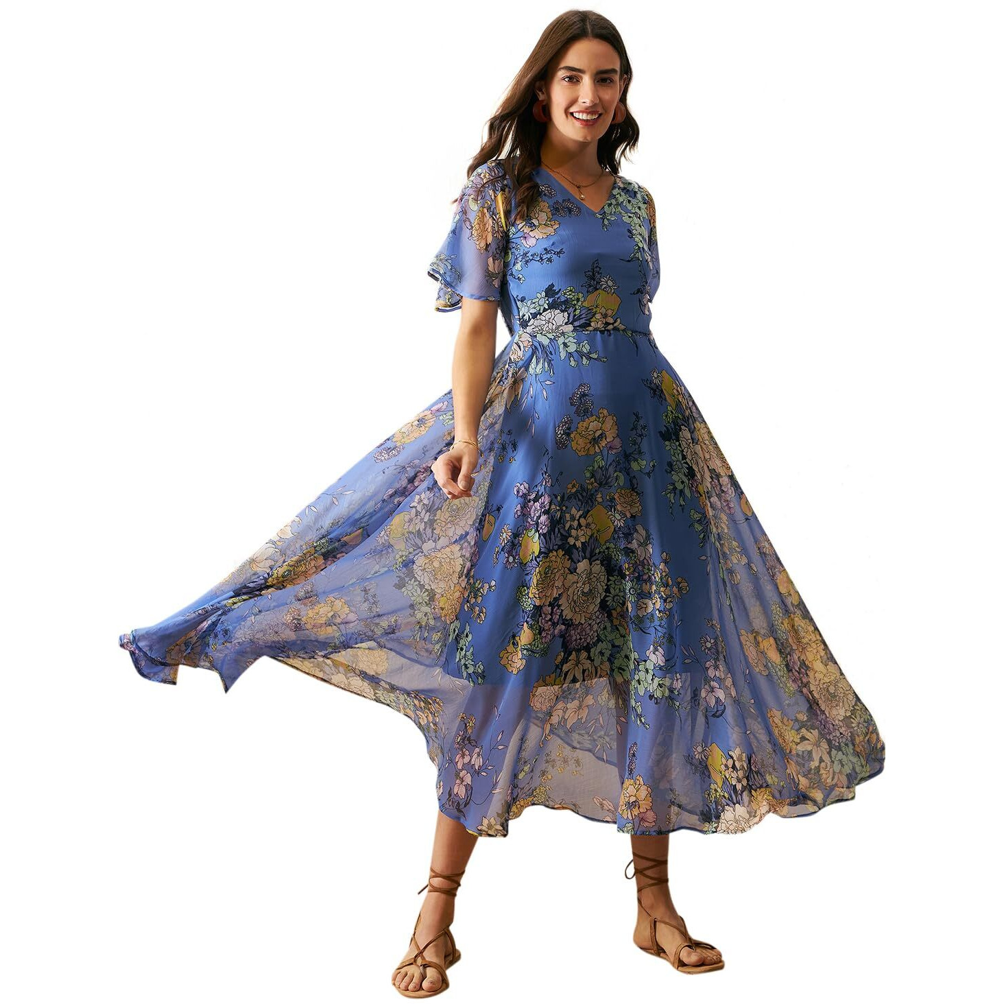 Rare Women's Georgette Fit And Flare Maxi Dress (Ep3153O_Light Blue_S)