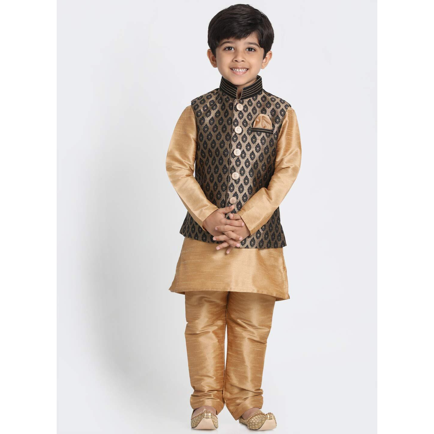 Jbn Creation Boys' Black And Rose Gold Silk Blend Kurta, Ethnic Jacket And Pyjama Set_Vasbj025Blnbkrg001Nprg_30