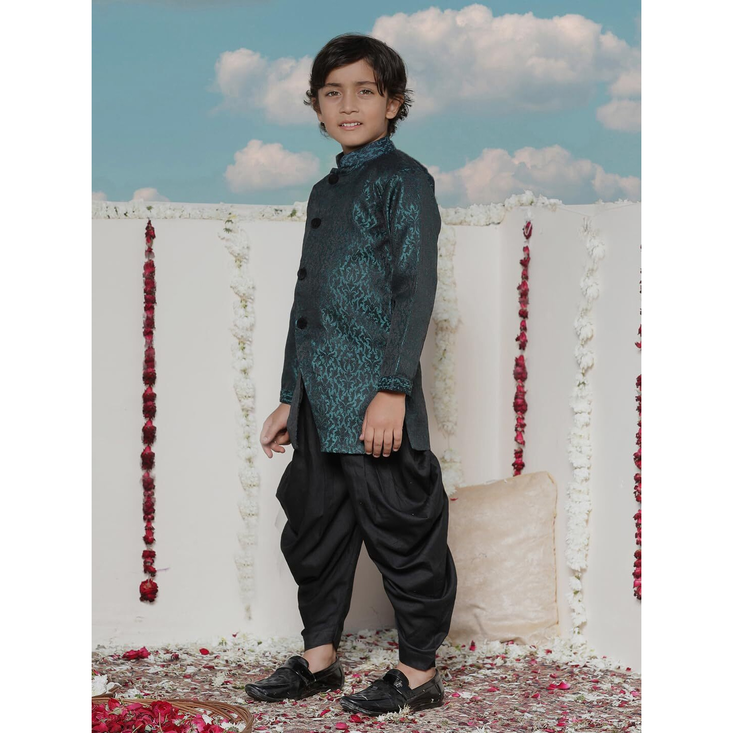 Jbn Creation Boys Turquoise Silk Blend Woven Sherwani Top Only