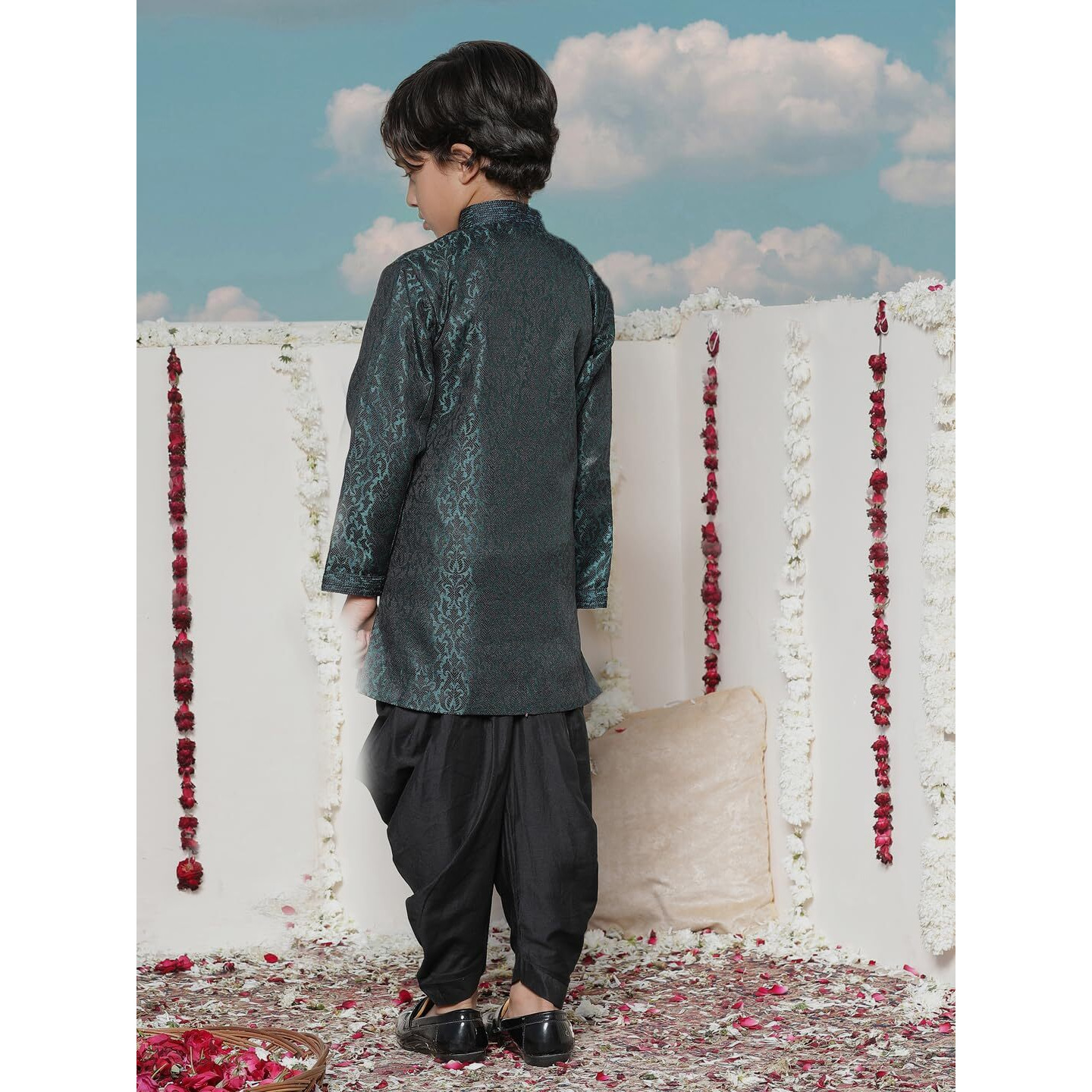 Jbn Creation Boys Turquoise Silk Blend Woven Sherwani Top Only