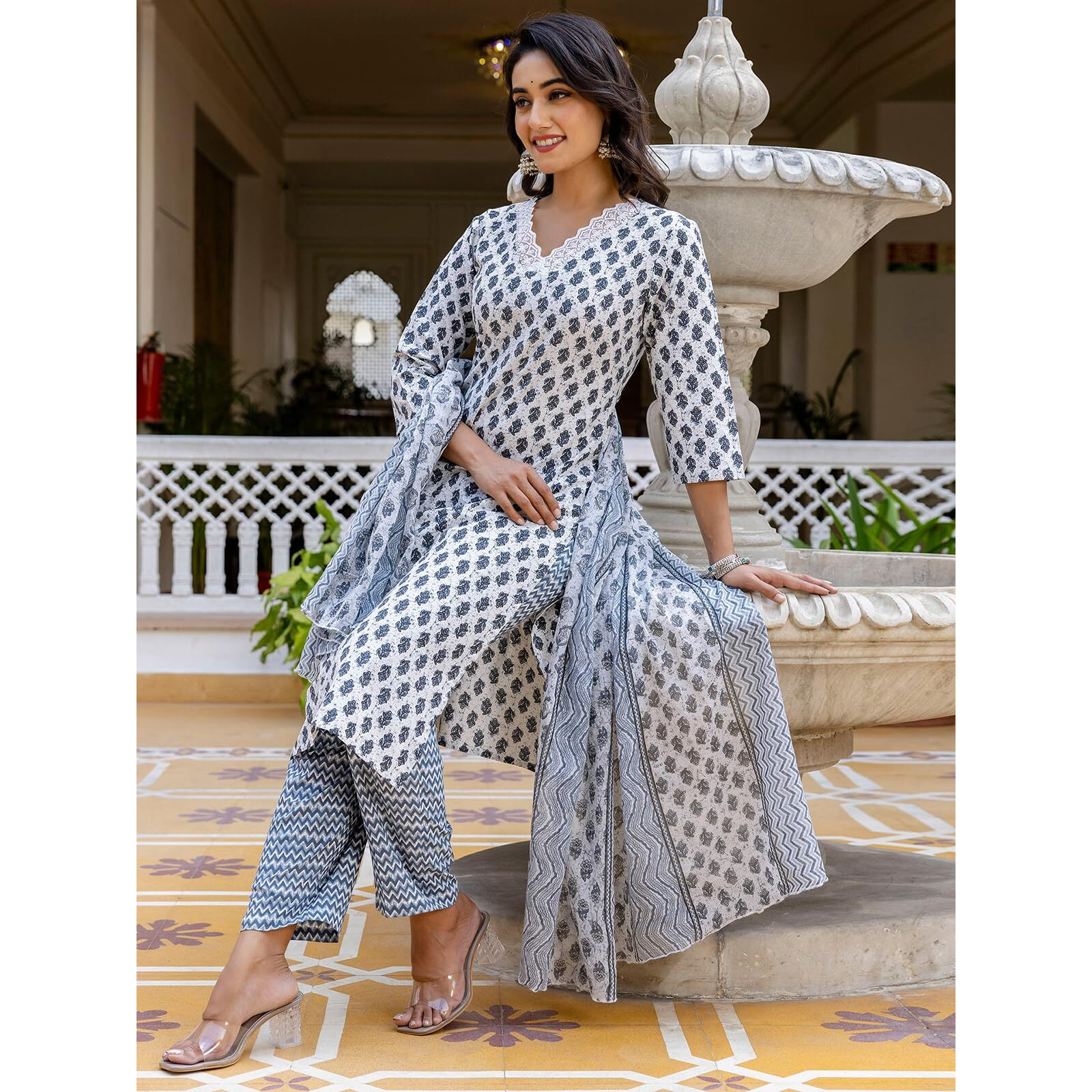 Sanisa Women's Cotton Printed & Lace Straight Kurta With Pant And Dupatta Set (268Kbd2811N-Xl_Grey & White)