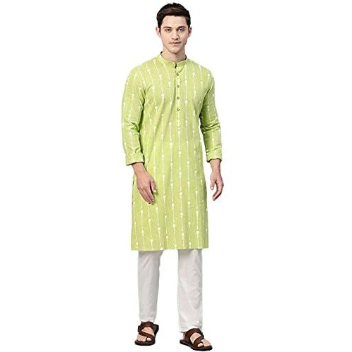 See Designs Men's Lime Green Printed Cotton Side Slits Mandarin Collar Straight Kurta - Sd2Kt890L