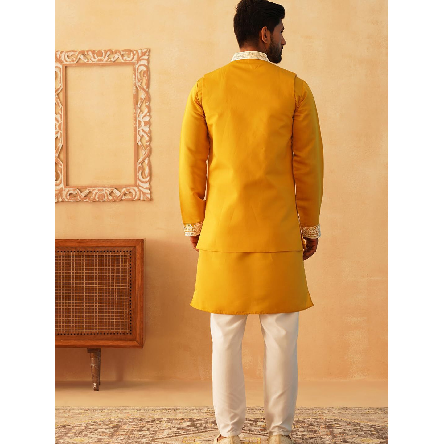Jompers Men Mustard Embroidered Waistcoat And Kurta Pyjama (Mustard, M)