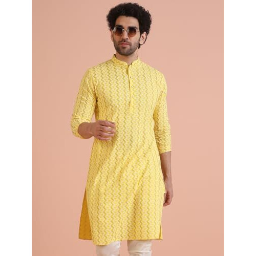 Kisah Men Straight Kurta Full Sleaves, Knee Length, Straight, Regular Fit, Mandarin Collar Ethnic Wear-Yellow -48