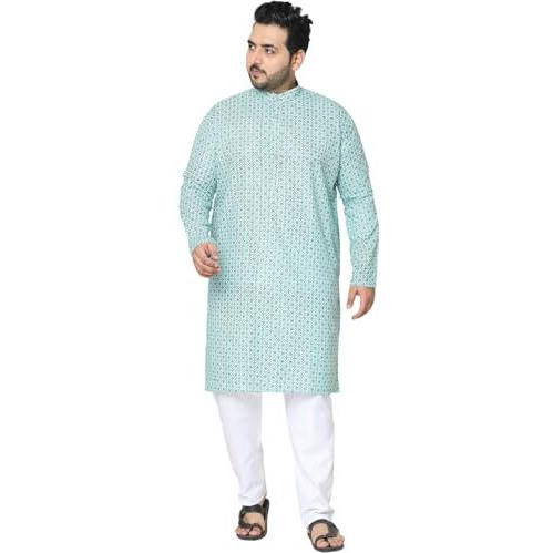 Sojanya Plus (Since 1958) Men's Cotton Linen Seagreen Foil Printed Kurta And White Pyjama